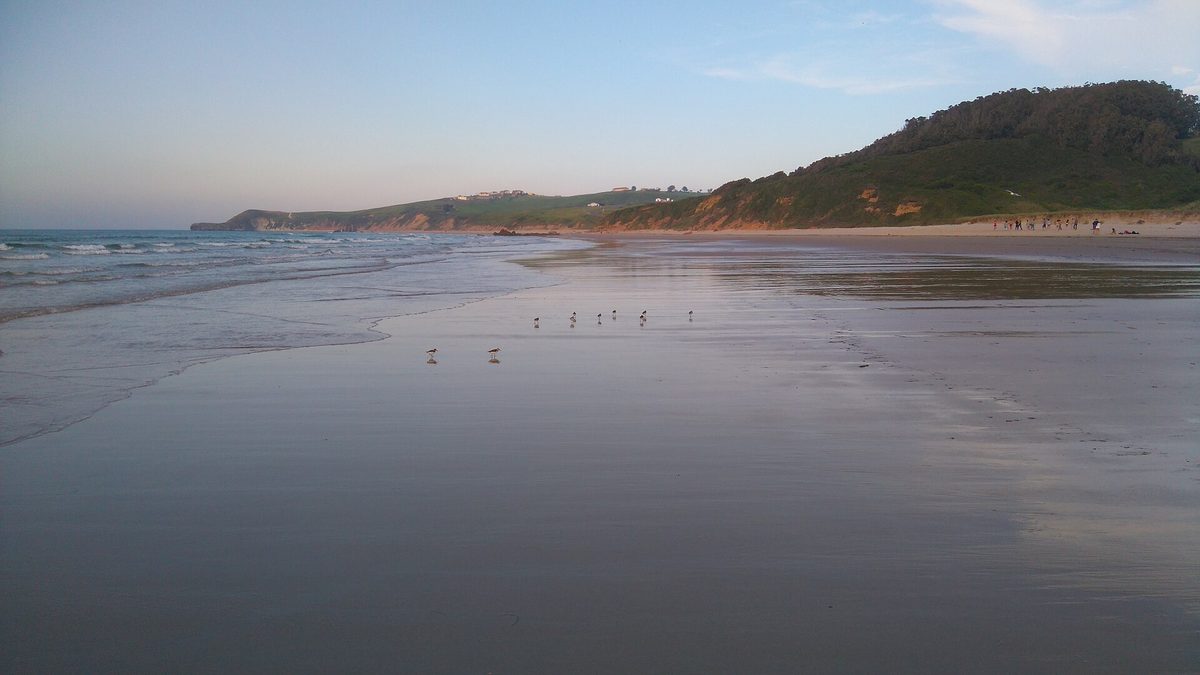 Una playa ancha y tranquila al atardecer, con el monte verde al fondo